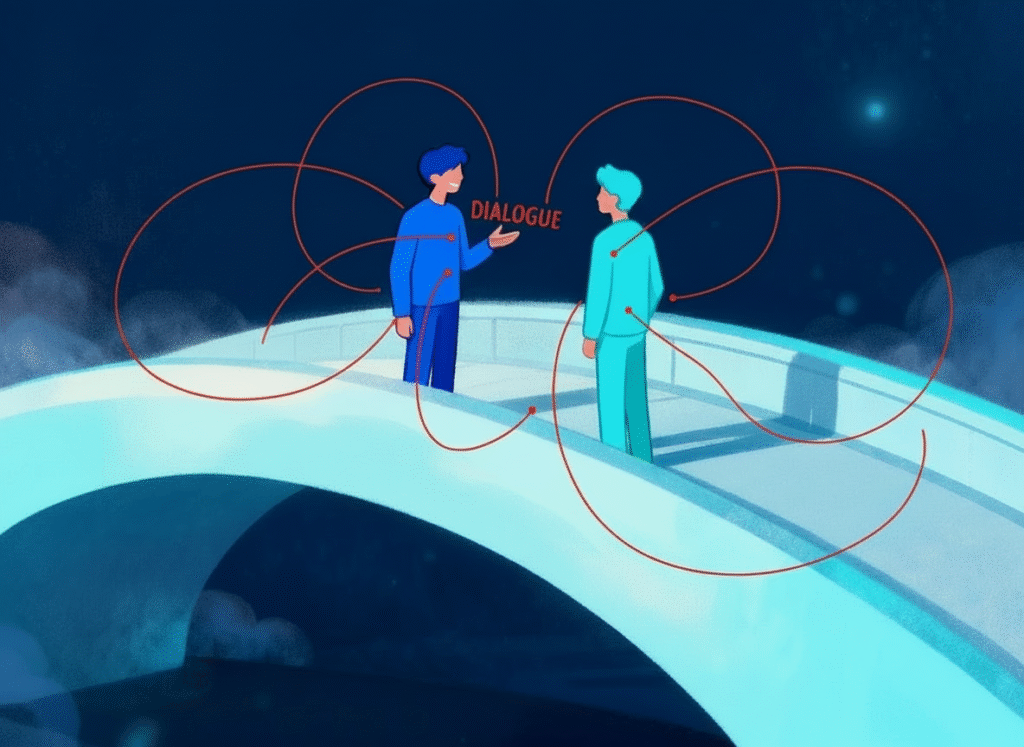 Ponte moderno e morbido fatto di linee curve rosse, con due figure stilizzate senza tratti del viso che comunicano e si connettono