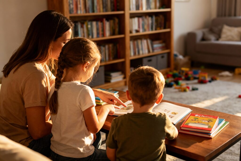 Mamma freelance che studia a casa con i figli mentre leggono dei libri insieme.